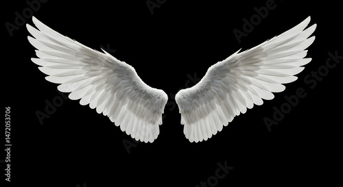 Angel Wings: Majestic White Feathered Wings Isolated on Black, Fantasy & Spiritual Art
