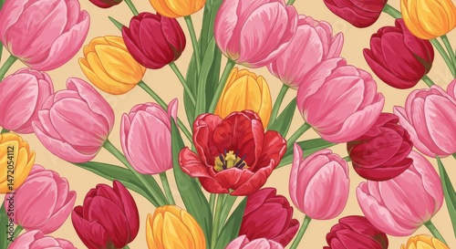 Vibrant floral pattern of tulips in various colors.