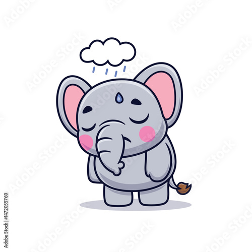 Cute Cartoon Tired Sleepy Elephant Rain Clouds Illustration Icon Vector, Animals Nature, Cartoon Style Flat