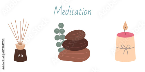 Meditation time set. Hand drawn elements collection: massage stones, aromatic diffuser, candle. Vector flat illustration of meditation stuff, equipments, yoga accessories