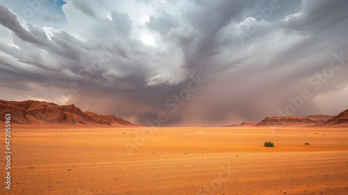 Desert landscape with thunderclouds and sandstorm in Lower Najd, Saudi Arabia