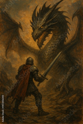 Dragon warrior in a fantasy night scene with sword and steampunk style elements