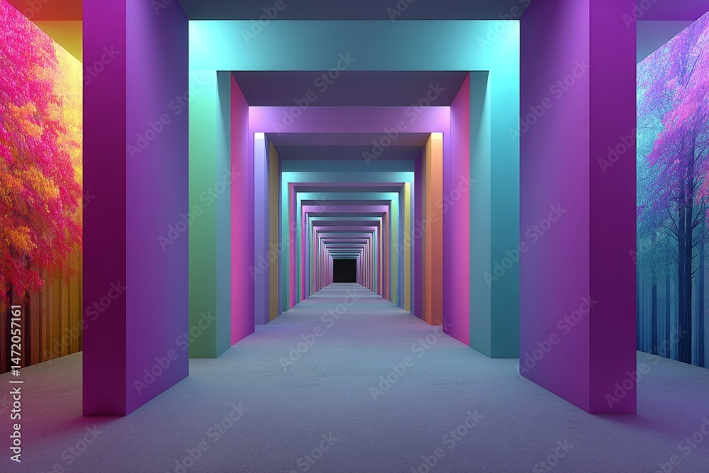 Fototapeta premium A stylized 3D hallway in a dreamscape world where the walls are shifting in color and pattern