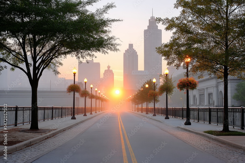 Fototapeta premium A sunrise over a city center skyline with mist lifting off the streets