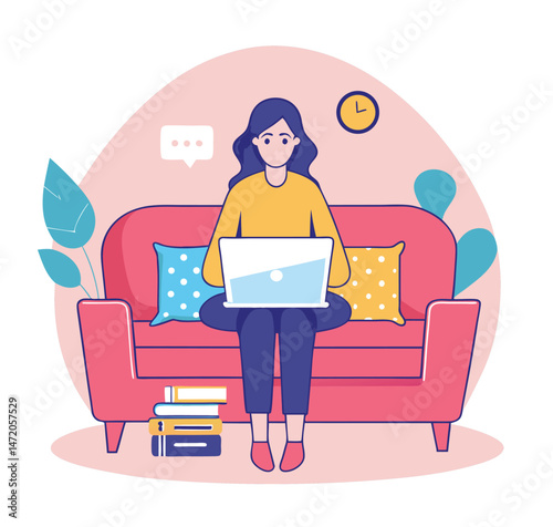 Home office concept. Vector flat illustration of young cartoon woman sitting with a laptop on a sofa in her living room. Isolated on background