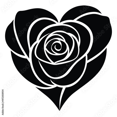 Elegant Black Rose Heart Silhouette Vector Illustration