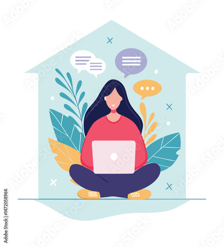 Home office concept. Vector flat style illustration of a young cartoon woman sitting with a laptop in a lotus position on a background of plants inside a house silhouette. Isolated on background