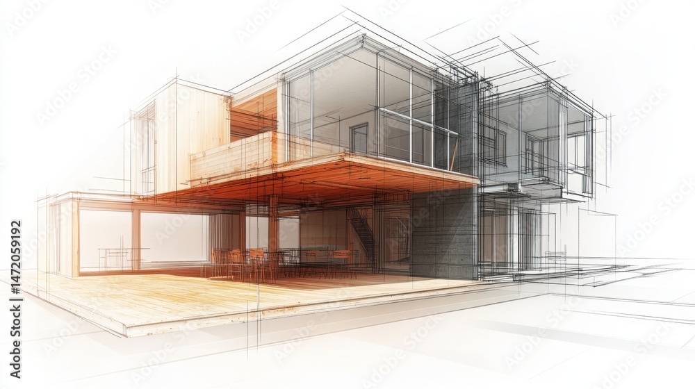 Fototapeta premium Modern building structure concept showing curtain wall facade, support beams, and open floor plan