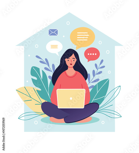 Home office concept. Vector flat style illustration of a young cartoon woman sitting with a laptop in a lotus position on a background of plants inside a house silhouette. Isolated on background