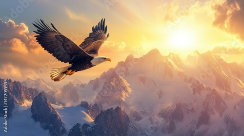 Majestic eagle soaring over snow-capped mountains at sunset, capturing the essence of freedom