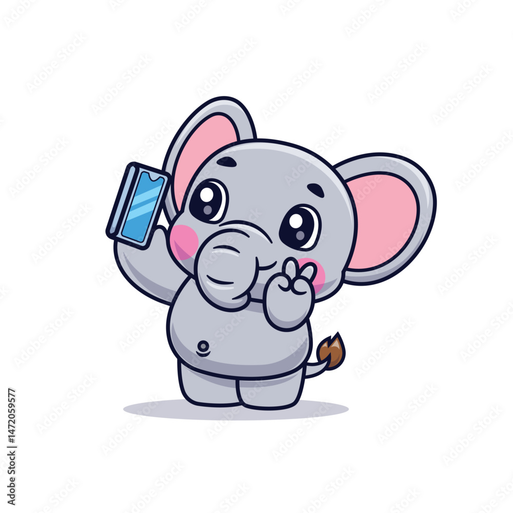 Fototapeta premium Cute Cartoon Elephant Selfie With Phone Illustration Icon Vector, Animals Technology, Cartoon Style Flat