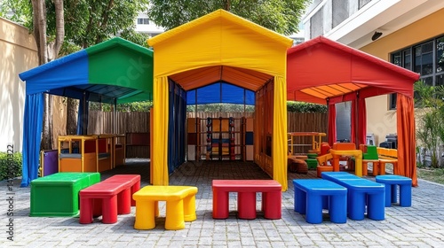 Wallpaper Mural Colorful outdoor preschool play area with shaded structures Torontodigital.ca