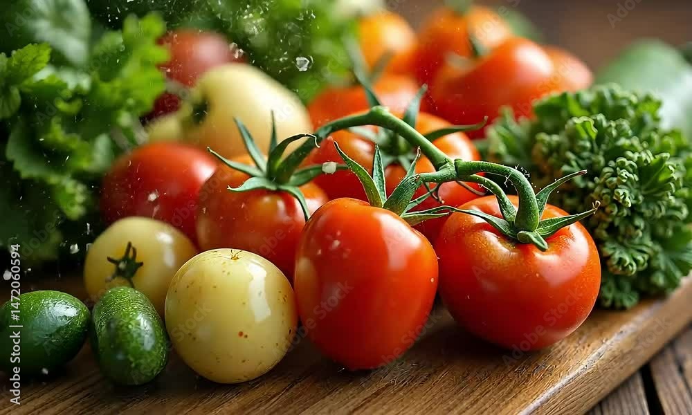 Freshly harvested tomatoes and greens Freshly harvested tomatoes and greens