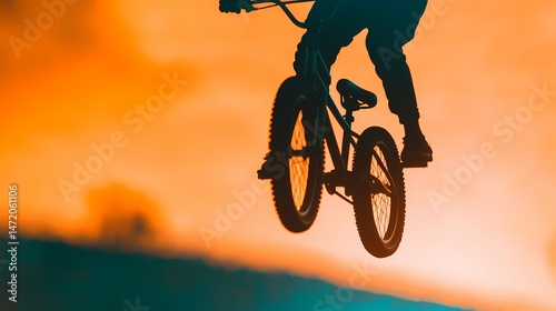 Silhouette BMX Rider Sunset, BMX biker silhouette at sunset, extreme sports action.