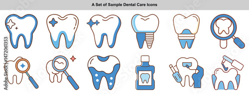 Line art Dental Icons Set Tooth Health, Magnifying Glass, Mouthwash, Filling
