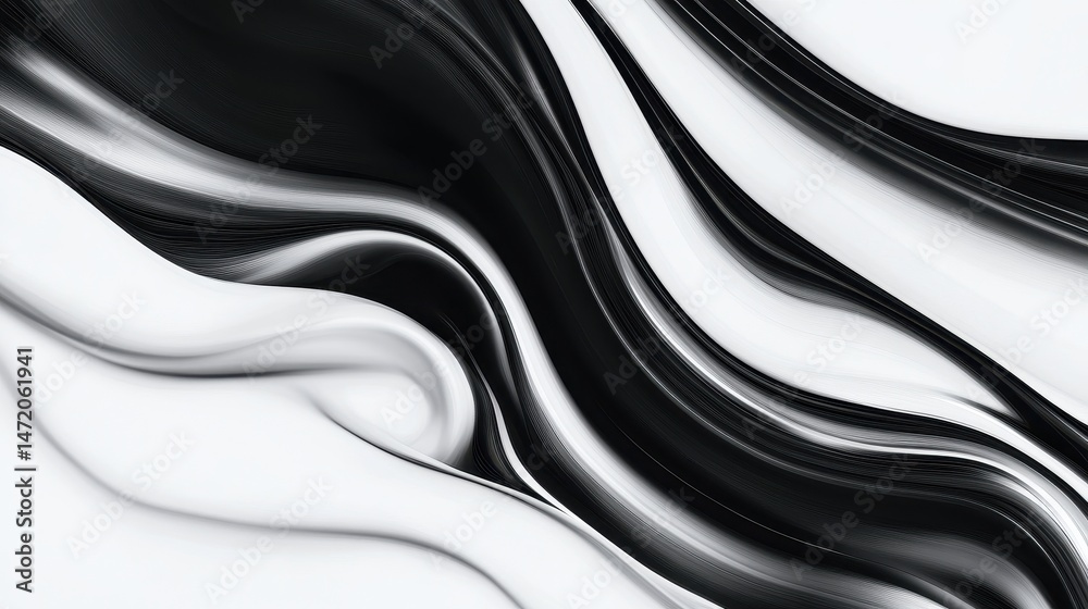 Abstract black and white flowing lines creating a dynamic visual effect on a smooth surface Abstract black and white flowing lines creating a dynamic visual effect on a smooth surface