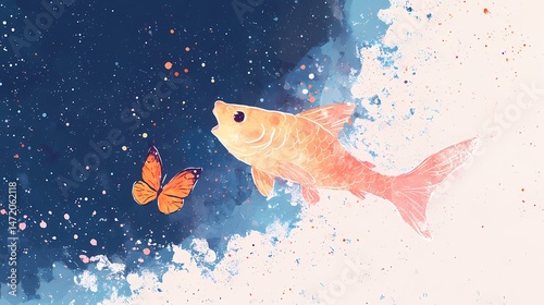 Fish and Butterfly Watercolor Painting, Whimsical watercolor art of a fish and butterfly.