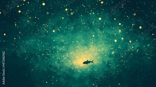 Lonely Fish in a Sparkling Universe, A single fish swims in a vast, glittering cosmos.
