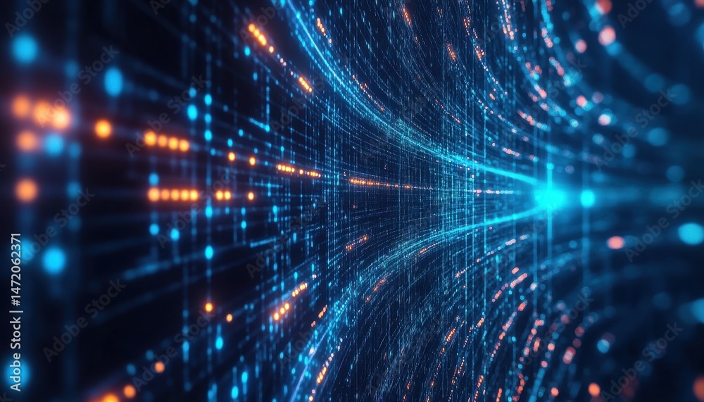 Abstract Digital Data Flow Network Tunnel with Blue and Orange Glowing Lines and Points Abstract Digital Data Flow Network Tunnel with Blue and Orange Glowing Lines and Points