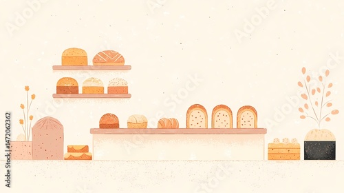 Bakery Shop Illustration, Cute illustration of various breads in a bakery.