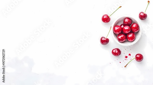 Fresh Cherries in Bowl, Top View, Sweet cherries in a white bowl on a light background.