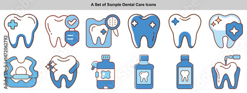 Blue Line Dental Icons Set Featuring Tooth Health, Checkup, Mouthwash, Hygiene Items