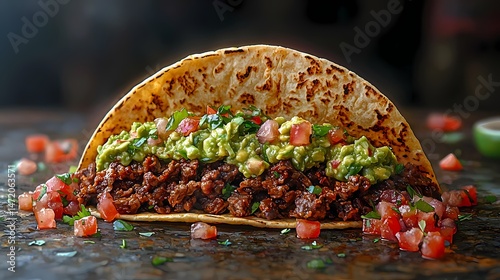 Delicious Ground Beef Taco with Guacamole, Close up of a tasty taco with seasoned ground beef and guacamole.