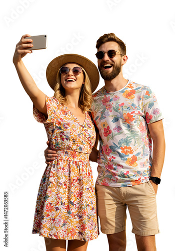 A happy couple in summer clothes taking a selfie, isolated