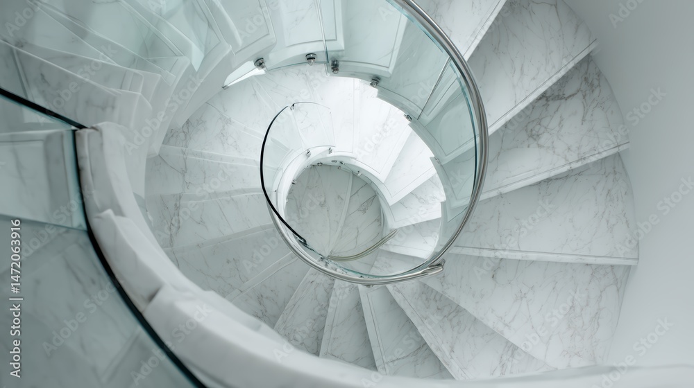 Fototapeta premium Minimalist Spiral Staircase Close-Up in White Marble and Glass, Modern Design with Elegant Curves and Dynamic Flow.