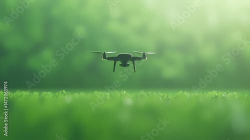 Drone Flying Over Green Field, Drone technology in nature. Aerial photography.