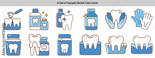 Dental Icons Collection Line Art Style with Tooth, Bottle, Gloves in Blue and White