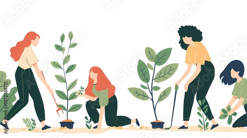 Women Planting Plants Together, Diverse women gardening, teamwork, sustainability