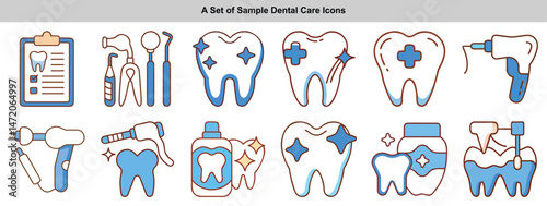 Dental Icons Set; Teeth, Tools, Clipboard, Mouthwash in Blue and Brown Outline Style