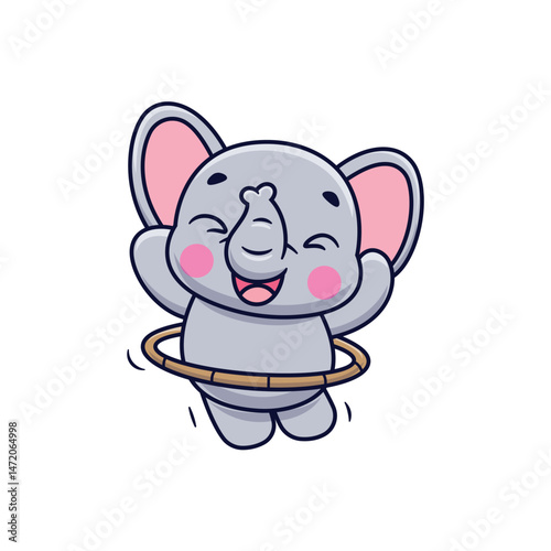 Cute Cartoon Elephant Playing Hula Hoop Illustration Icon Vector, Animals Sports, Cartoon Style Flat