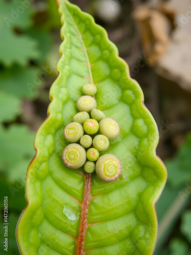 Group of sori on ventral side of leaf of Small vegetable fern way for plant propagation. Organic food and vegetables gardening or city farming concept. beauty nature background.