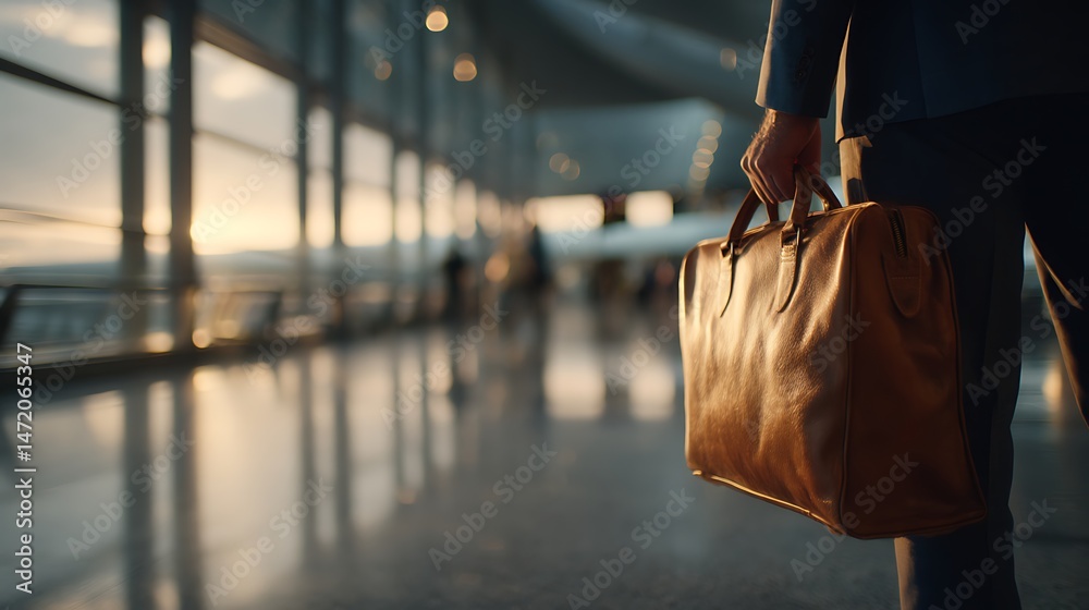Naklejka premium A well-dressed executive checking flight schedule at a modern airport terminal, holding a leather briefcase, sleek architecture in background