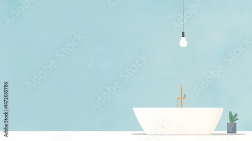 Minimalist Bathroom Interior Design, Simple, clean bathroom with bathtub, lightbulb, and plant.