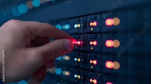 Hand pressing server button, Close up of hand interacting with server lights.