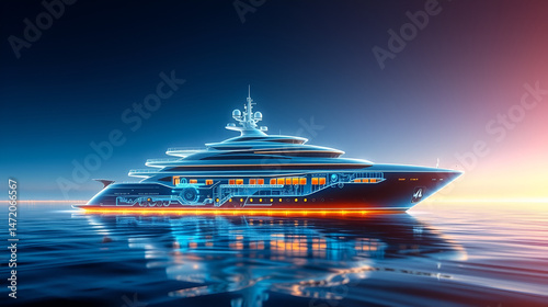 Holographic Futuristic Technology of luxury Mega Yacht display anchored on blue background in sea on golden yellow light.