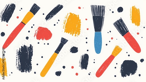Colorful Paint Brushes and Strokes, Artistic background with paintbrushes and colorful strokes.