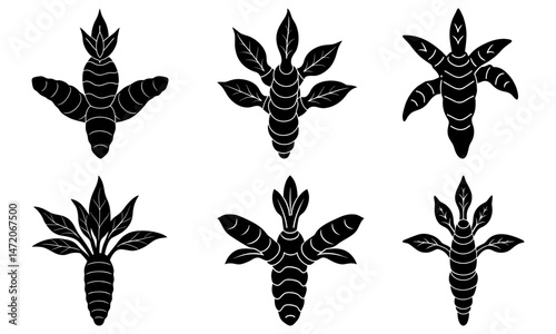Illustration of six black and white cupcakes with various toppings and decorative wrappers design element