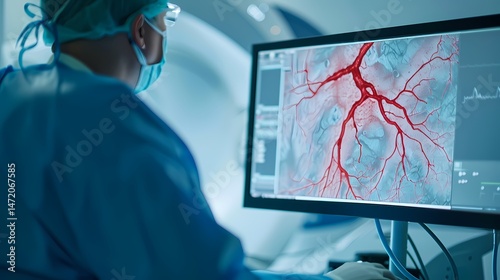 Doctor reviewing medical scan, Close up of doctor analyzing medical image on computer screen.