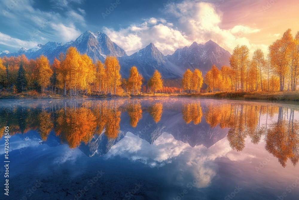 Obraz premium A stunning autumn landscape featuring golden trees reflected in a tranquil lake against a backdrop of majestic mountains.
