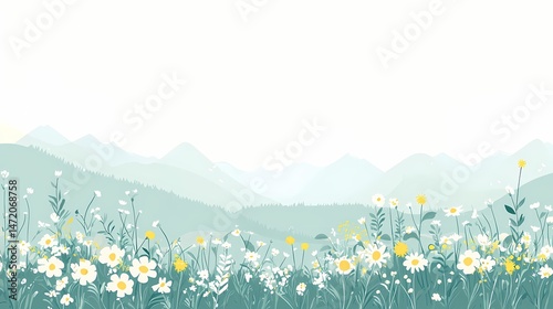 Serene Mountain Meadow Landscape, Peaceful floral field with mountain backdrop