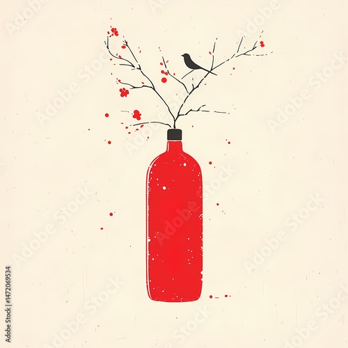 Minimalist Winter Bird on Branch in Red Vase, Simple winter scene, bird, berries, branch in red bottle vase.