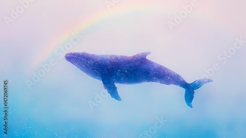 Magical Whale with Rainbow, Whale swimming in ocean with rainbow
