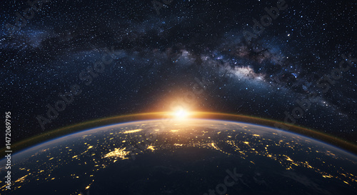Earthrise Majesty: Sunrise Over Cities From Space with Milky Way Galaxy Above | Awe-Inspiring Cosmic View