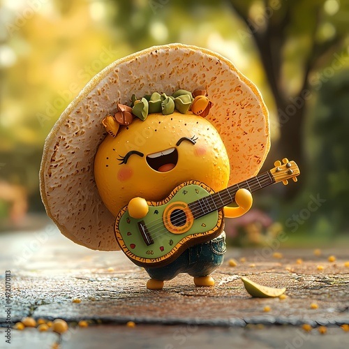 Cute Cartoon Character Playing Guitar, Happy, cheerful 3D rendered illustration of a cute character playing a guitar.