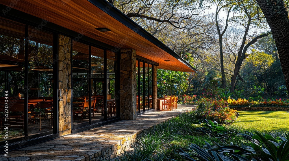 Fototapeta premium Modern structure with large windows overlooking a lush garden