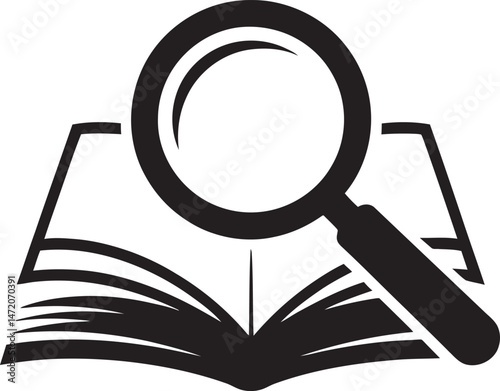 A Minimalist Logo of Magnifying Glass Over Open Book Black and White Educational Icon, magnifying glass and book vector illustration